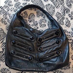 Black Leather Ted Rossi  Hobo Bag with Stud Accents